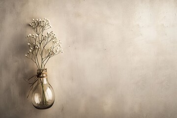 A simple yet elegant display of delicate baby's breath flowers in a repurposed light bulb vase against a textured wall