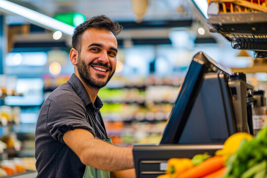 Young smiling male cashier at a grocery store checkout, exhibiting warmth and customer service skills