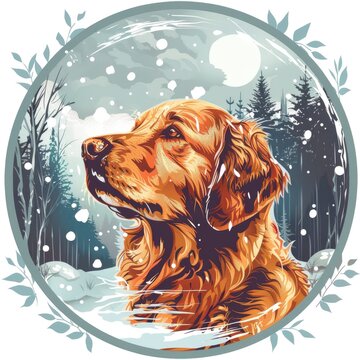 T-shirt design in round shape vector style clipart a rescue dog on the background of a forest in the snow, isolated on white background 