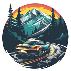T-shirt design in round shape vector style clipart a modern sports car on a mountain winding road,...