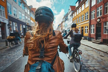 The image shows the view over the shoulder of a cyclist navigating through a vibrant, historic city street filled with cyclists