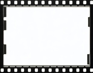 Close-up of a blank film strip with sprocket holes on the edges against a white background