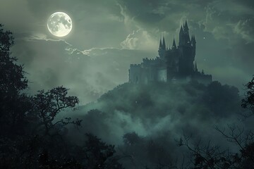 : A majestic scene of a castle on a hill, with a full moon rising in the background, and a misty forest all around