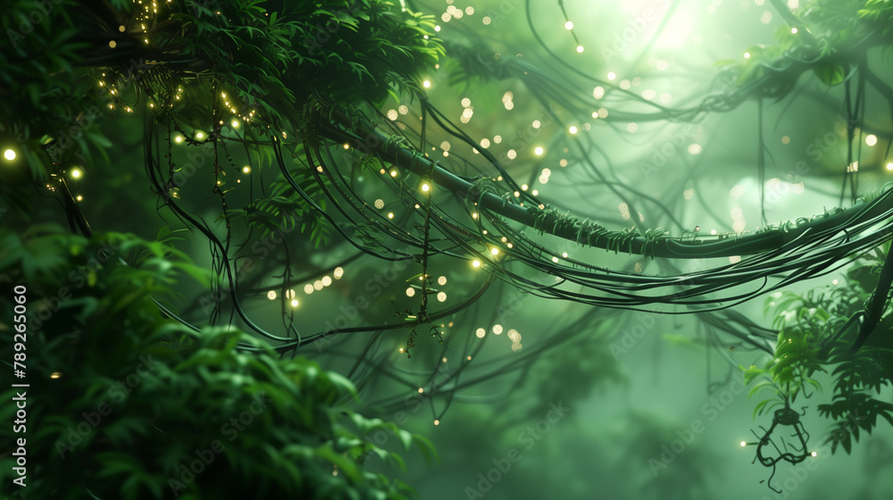 Poster a forest with trees lit up with yellow lights. the lights are scattered throughout the trees, creati