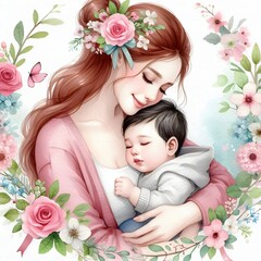 mother's day a mom and baby watercolor painting illustration on white studio background with copy space.