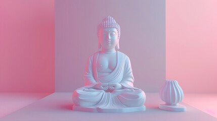 Minimalist Buddha statue in an 80s synthwave atmosphere with a pop art portrait design.