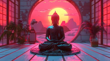 Fotobehang Minimalist Buddha statue in an 80s synthwave atmosphere with a pop art portrait design. © CatNap Studio