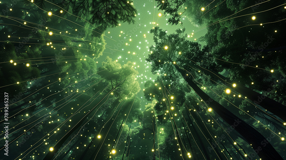 Poster a forest with trees lit up with yellow lights. the lights are scattered throughout the trees, creati