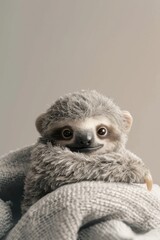 Fototapeta premium A playful plush sloth peers over the edge of a cozy grey fabric