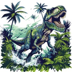 T-shirt design vector style clipart a dinosaur jumps out of the jungle, isolated on white background