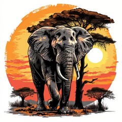 T-shirt design vector style clipart a huge African wild animal against the savannah background, isolated on white background 