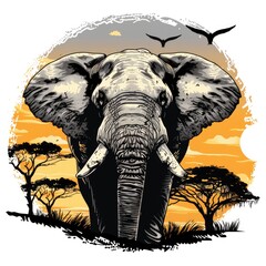 T-shirt design vector style clipart a huge African elephant against the savannah background, isolated on white background
