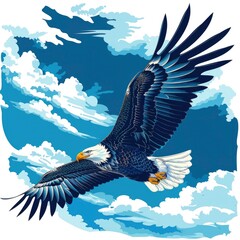 T-shirt design vector style clipart an eagle flies in the clouds in the blue sky, isolated on white background