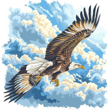 T-shirt design vector style clipart an eagle flies in the clouds in the blue sky, isolated on white background