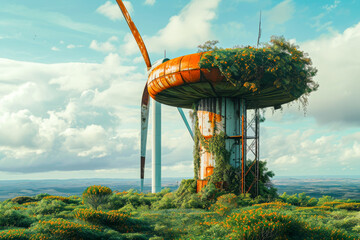 An imaginative depiction of a futuristic water tower adorned with flourishing greenery amidst a blooming landscape - obrazy, fototapety, plakaty