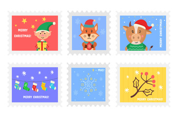 Christmas merry cute stamp with holiday symbols and decoration elements. Collection of postal stamps with Christmas decoration symbols. Vector illustration