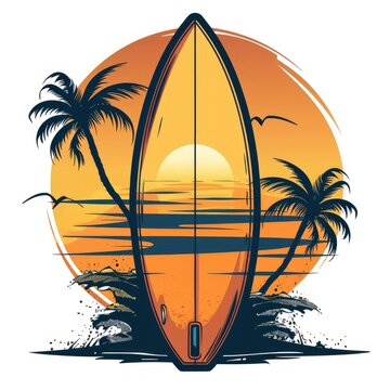 recommend clip art: T-shirt design vector style clipart surfboard on the shore against the sunset background, isolated on white background