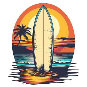 recommend clip art: T-shirt design vector style clipart surfboard on the shore against the sunset background, isolated on white background