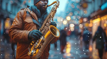 A Jazzman Plays The Saxophone At A Street Festival, International Jazz Day - obrazy, fototapety, plakaty