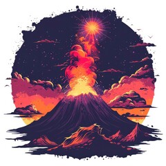 T-shirt design vector style clipart volcano erupting against the night sky, isolated on white...