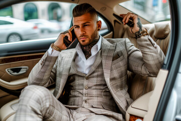 A sharp dressed man talks on the phone while sitting in the luxury interior of a stationary car