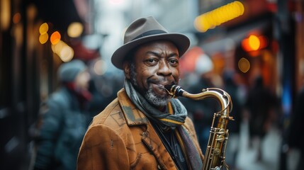 A Jazzman Plays The Saxophone At A Street Festival, International Jazz Day - obrazy, fototapety, plakaty