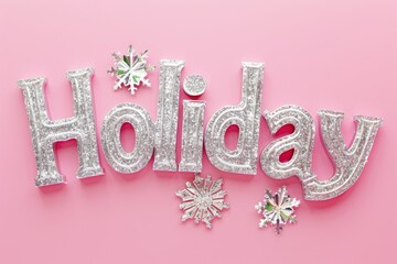 The word 'Holiday' dazzles in lustrous silver glitter against a soft pink backdrop