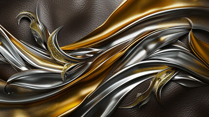 An artistic depiction of design of gold and silver filigree on a background of smooth, dark leather, creating a sense of opulence and luxury. as seen in an image.