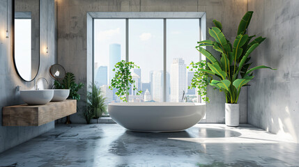 Stylish bathroom interior with concrete floor window 