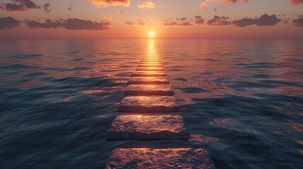 Conceptual sea sunset or sunrise background with wooden pier and sun