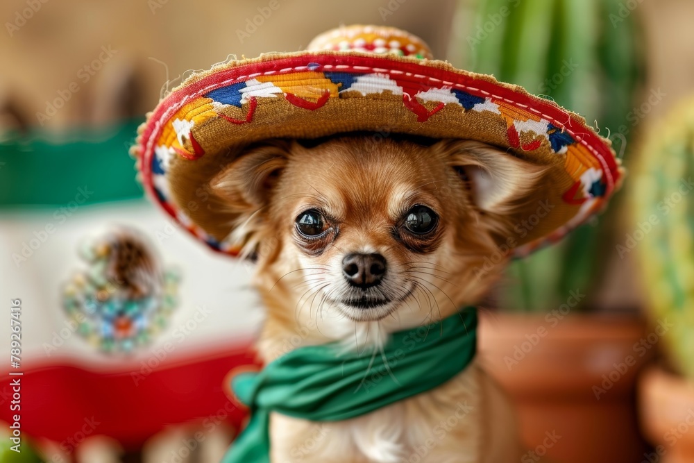 Wall mural Adorable Chihuahua Dog Celebrating Cinco de Mayo with Sombrero and Mexican Flag