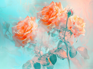 Colorful background with roses in the style of light orange and sky blue