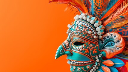 Naklejka premium Colorful Mardi Gras Mask with Feathers and Beads on Orange Background