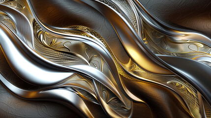 Visual art interpretation: design of gold and silver filigree on a background of smooth, dark leather, creating a sense of opulence and luxury. portrayed with creativity.