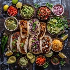 Traditional mexican tacos with guacamole, salsa and tortillas