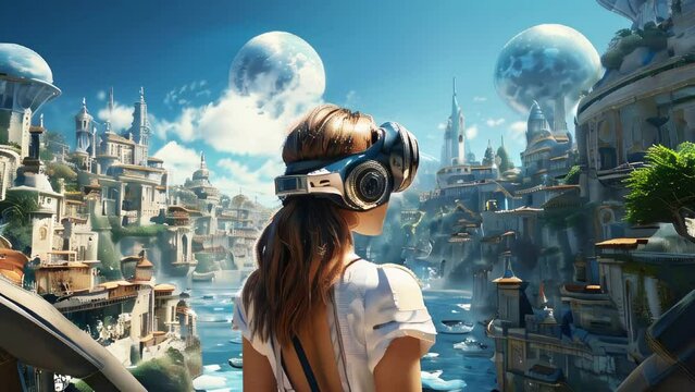 Rear view of a young woman wearing VR glasses against the backdrop of an amazing futuristic cityscape