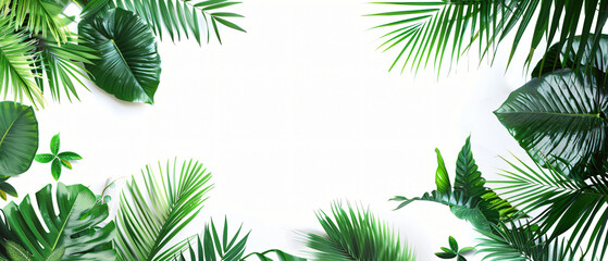 Fototapeta premium Tropical leaves banner on white background with copy space