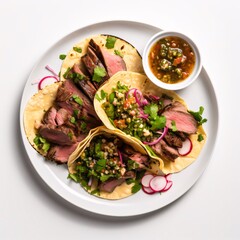 Lamb tacos with spicy chilli sauce on white background, top view