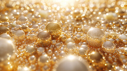 Visual art interpretation: of a digitally rendered field of shimmering gold and pearl particles, resembling a luxurious, textured wallpaper. portrayed with creativity.