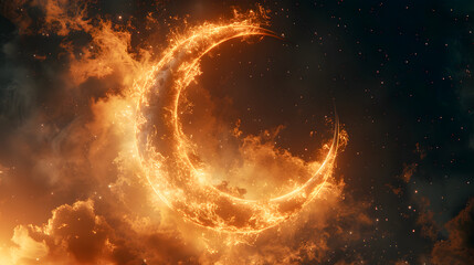 Obraz premium Exquisite 3D render of a shiny crescent moon on a bokeh background, representing an Islamic religious concept