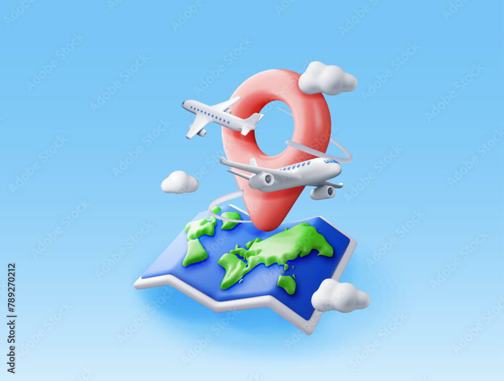 Poster 3d airplane in clouds and paper map. render world travelling by plane. world map with location pin. 