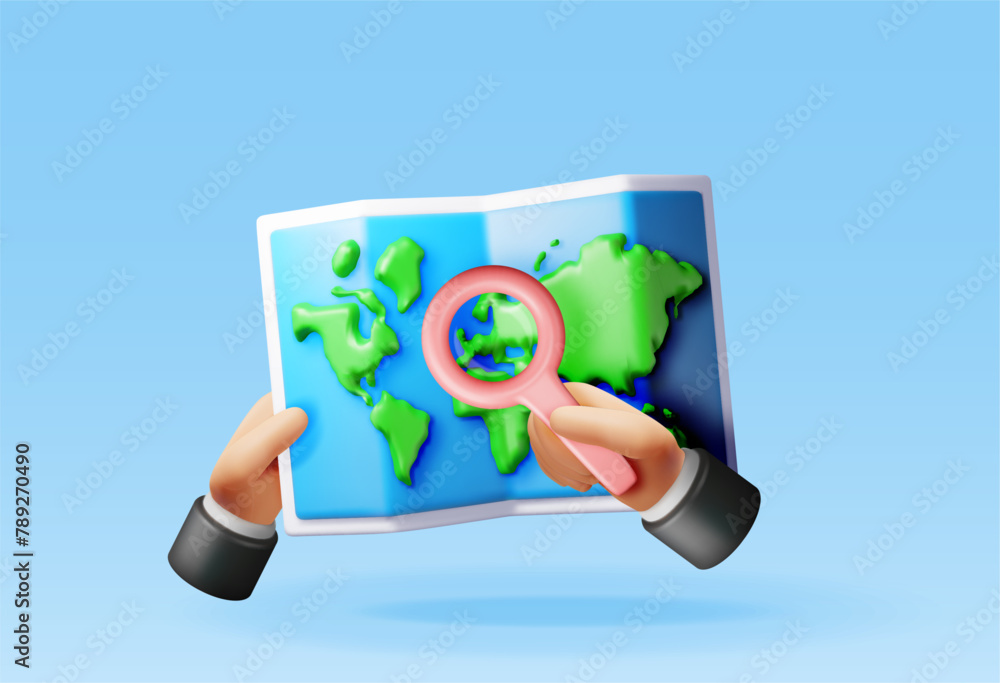 Aufkleber 3d location folded paper map with magnifying glass isolated. render gps map and search loupe icon. g
