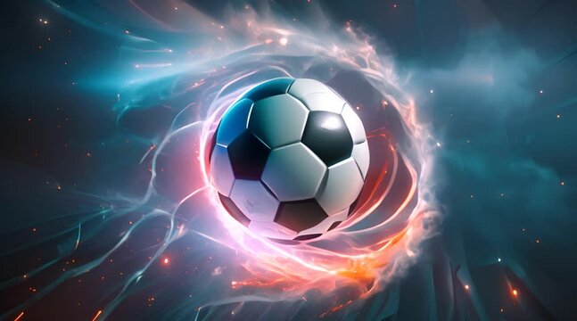 Dynamic image of a soccer ball in mid-flight, surrounded by a mesmerizing burst of particles that emit a radiant, vibrant glow.