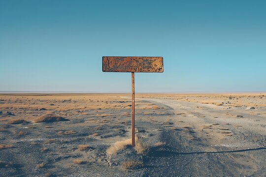 : A lone, weathered signpost standing in the middle of an empty, endless desert, pointing the way to nowhere