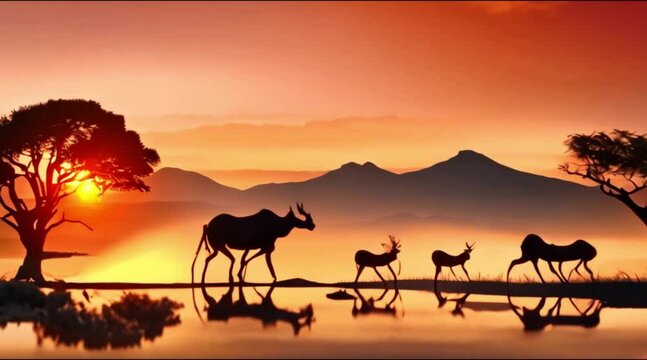 Silhouette animation of wildlife roaming across a sunset-drenched savanna landscape.
