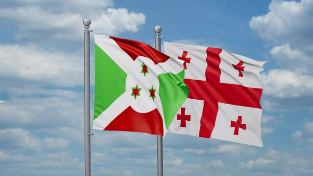 Georgia and Burundi two flags waving together, looped video, two country relations concept