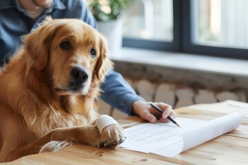 Signing a pet medical insurance contract. Contract form, person's hand and dog, dog's paw on the table. Animal life insurance, pet care, animal protection.