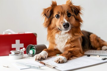 Dog with bandaged paw lies on the table with first aid kit and documents on animal insurance. Conceptual image of emergency care for pets, animal treatment, veterinary medicine, life insurance. - 789270811
