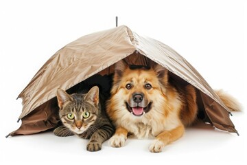 Cute cat and dog sit under tent on a white background. Pet insurance, pet care, veterinary clinic, emergency animal care. Concept of health and life protection. - 789270815