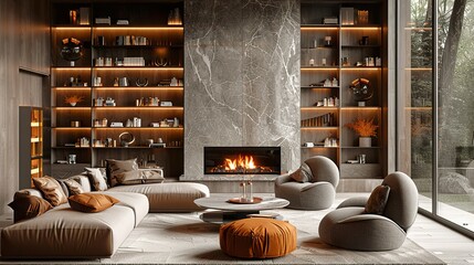 Living room, marble wall fireplace and stylish bookcase